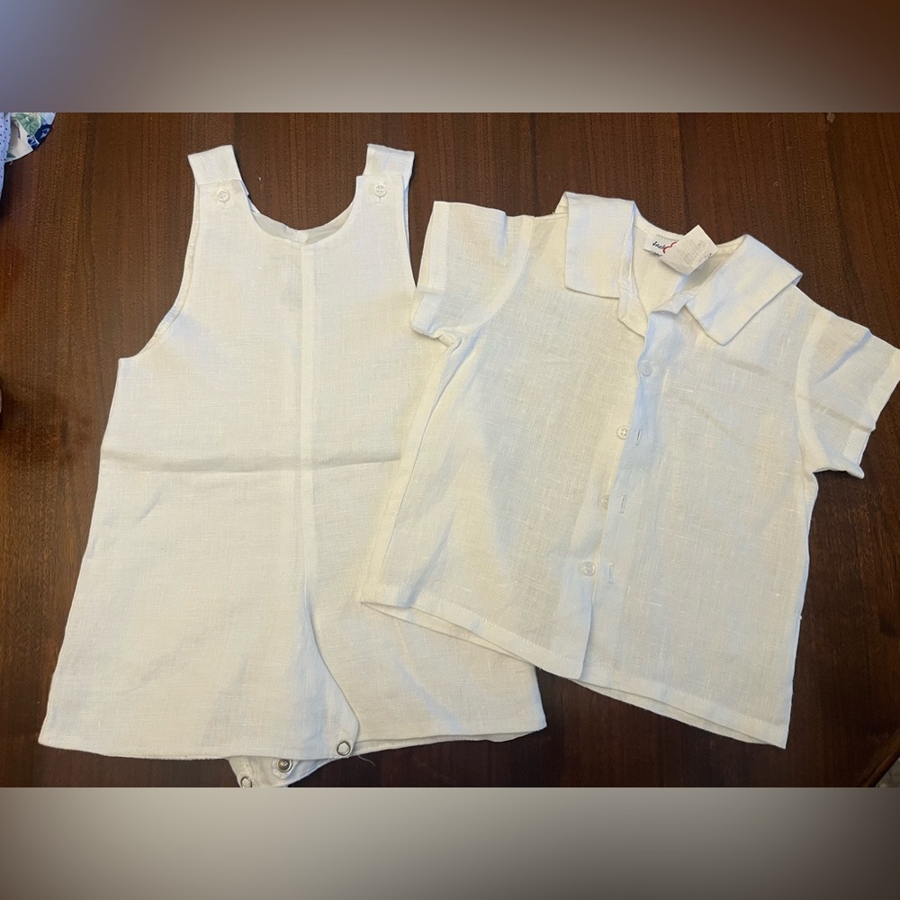 100% Linen white outfit! 
Romper with covering button up shirt